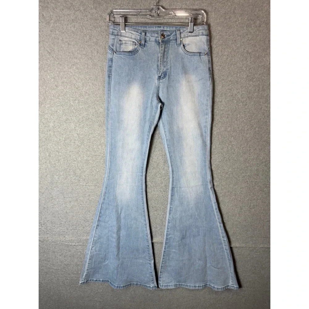 Shein Jeans‎ Women's Small Light Blue Denim Cotton Stretch Flared Leg Zip Fly